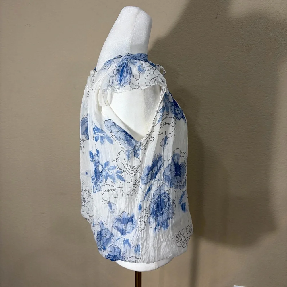Guisy Made In Italy Top Sz S  Women's White Blue Floral Silk Lined Cottagecore - Picture 4 of 10
